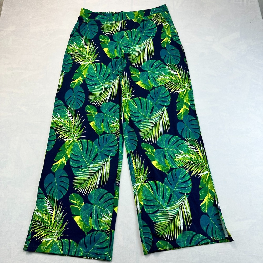 D&Co. Beach Pant Womens Medium Green Blue Tropical Palm Leaf Print Wide Leg Soft